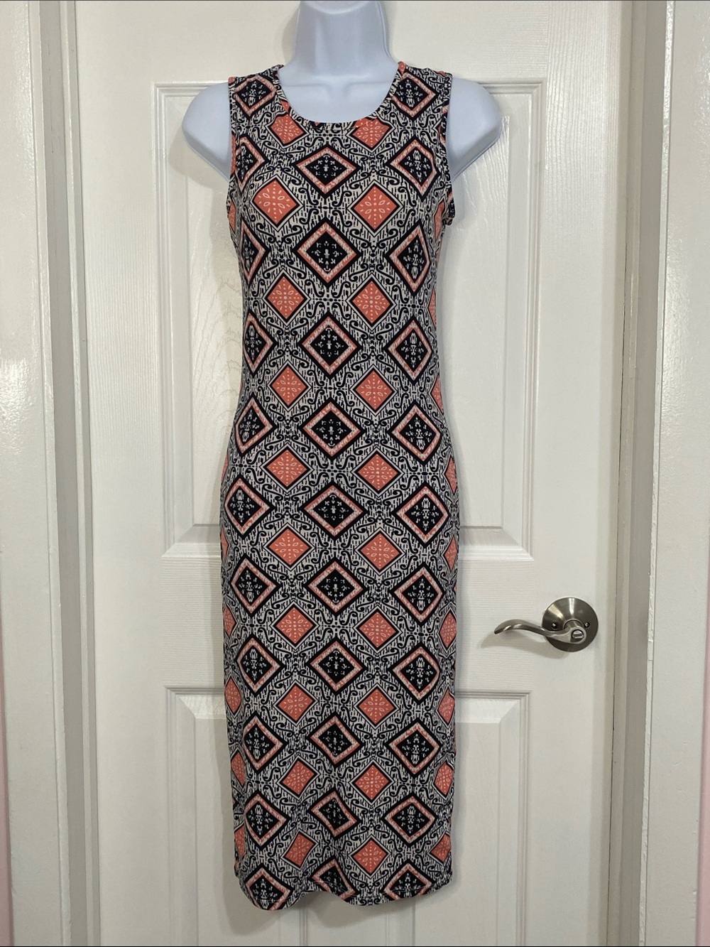 Sleeveless Coral and Black Geometric Midi Dress